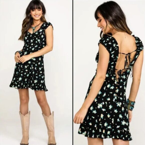 Free People Black Lemon Oranges Citrus Fruit Floral Print Mini Dress - Picture 1 of 10